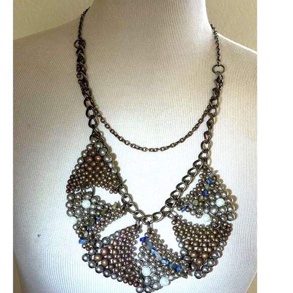Pam Hiran Anthropologie 24” Statement Beaded Stone Chain Gold Chunky Necklace - Picture 1 of 8
